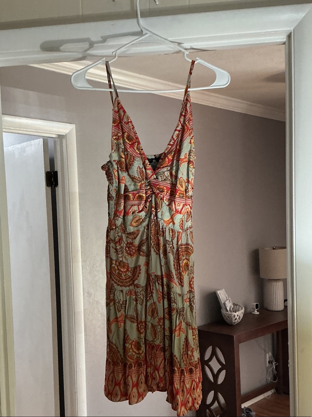 Angie Sleeveless Paisley Midi Dress - Mint & Rust